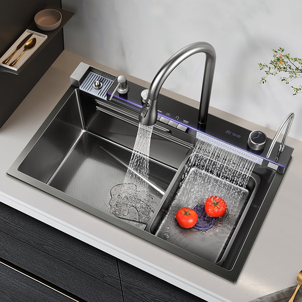 750 mm Évier de Cuisine Encastré Noir avec Mitigeur à Cuve Unique en Acier Inoxydable