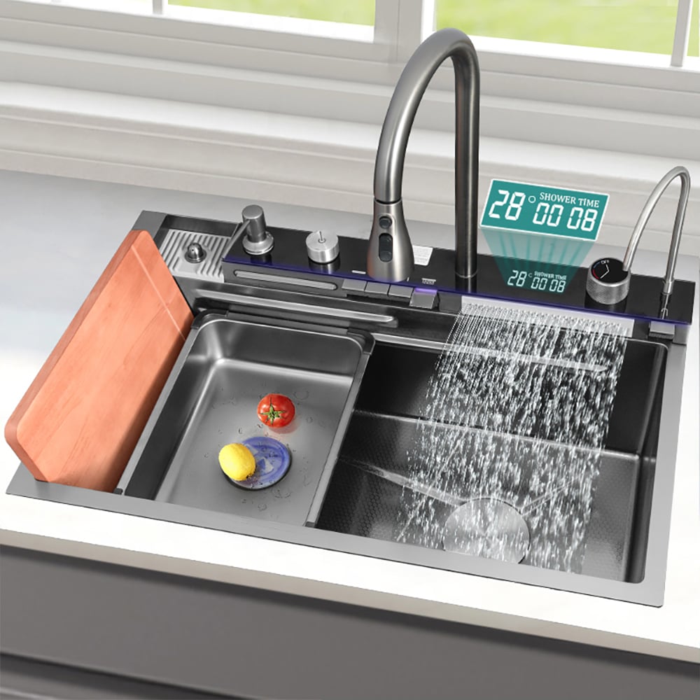 750 mm Évier de Cuisine Encastré Noir avec Mitigeur à Cuve Unique en Acier Inoxydable image de fenêtre