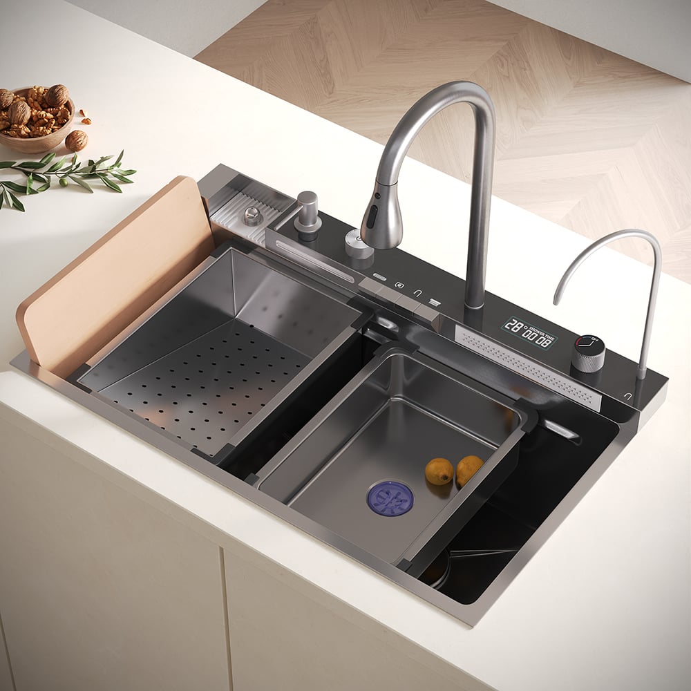 750 mm Évier de Cuisine Encastré Noir avec Mitigeur à Cuve Unique en Acier Inoxydable image de fenêtre