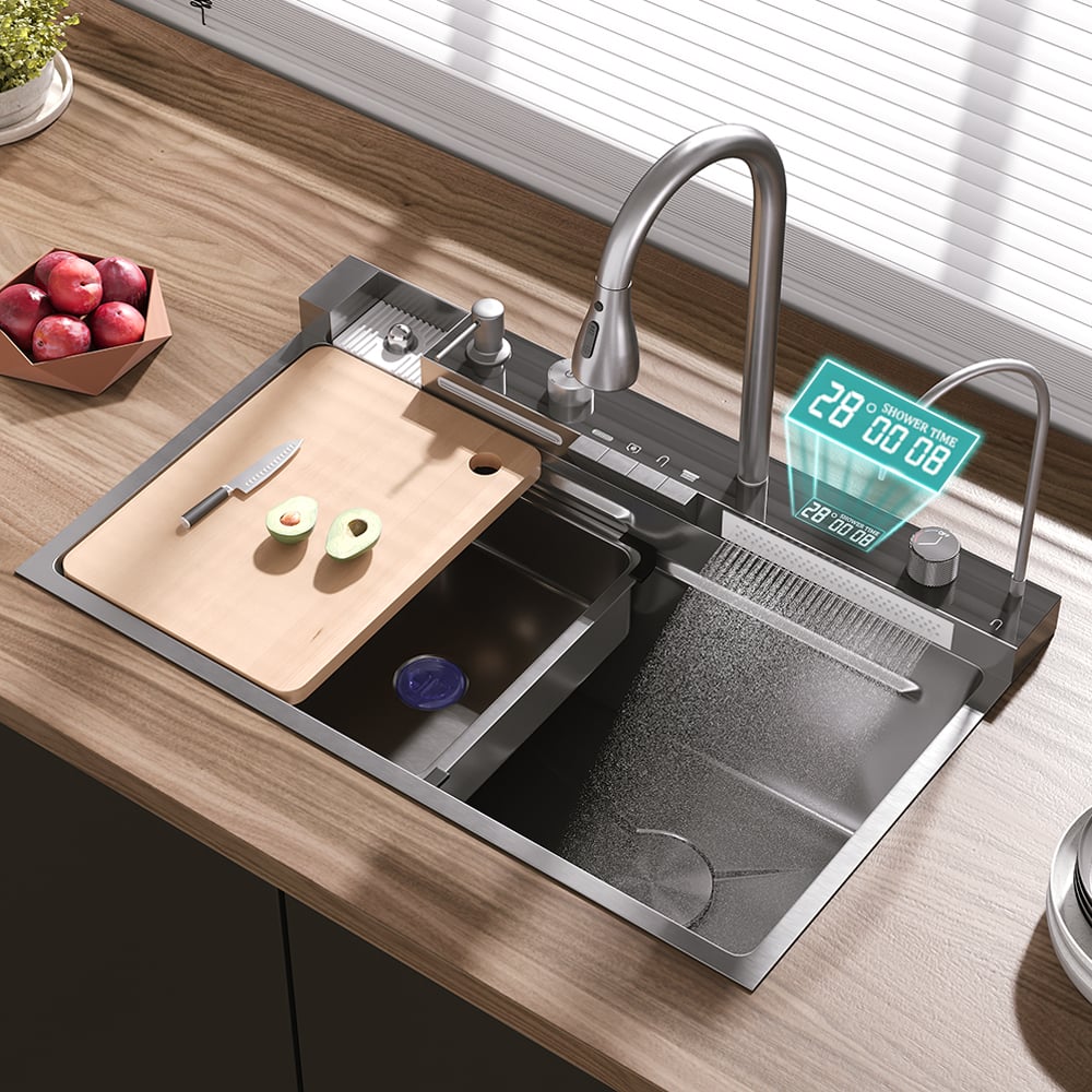 750 mm Évier de Cuisine Encastré Noir avec Mitigeur à Cuve Unique en Acier Inoxydable image de fenêtre