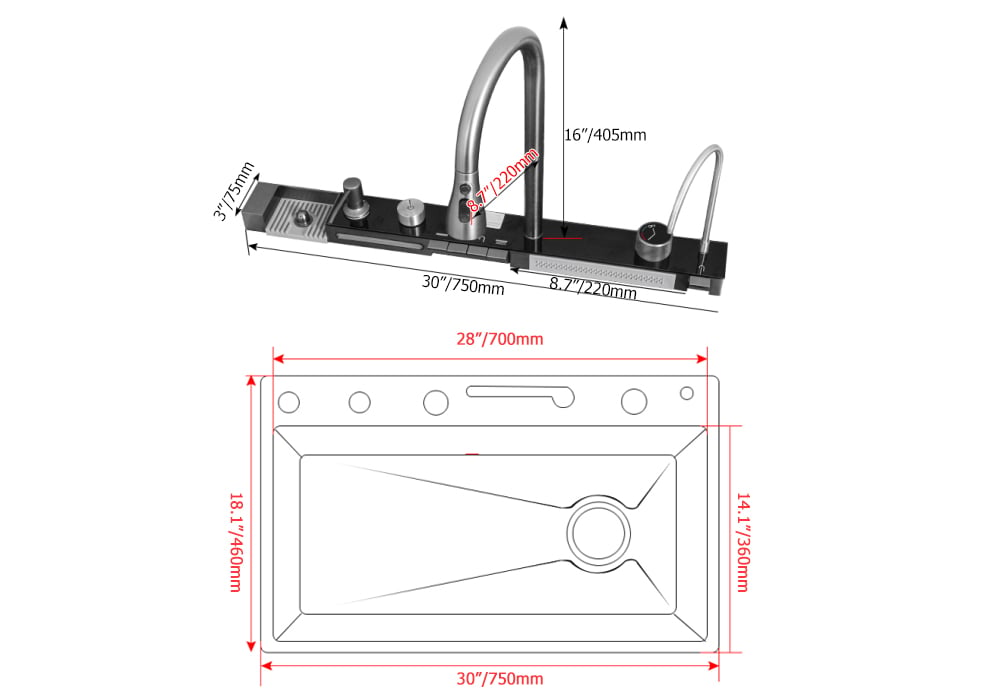 750mm Évier de Cuisine Encastré avec Mitigeur Cuve Unique en Acier Inoxydable Poids, dimensions, image