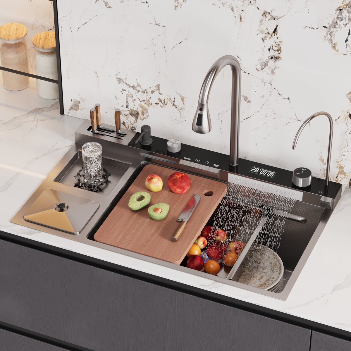 Évier de cuisine encastré noir de 820 mm avec robinet à cuve unique en acier inoxydable image de fenêtre