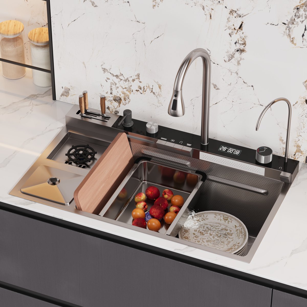 Évier de cuisine encastré noir de 820 mm avec robinet à cuve unique en acier inoxydable image de fenêtre