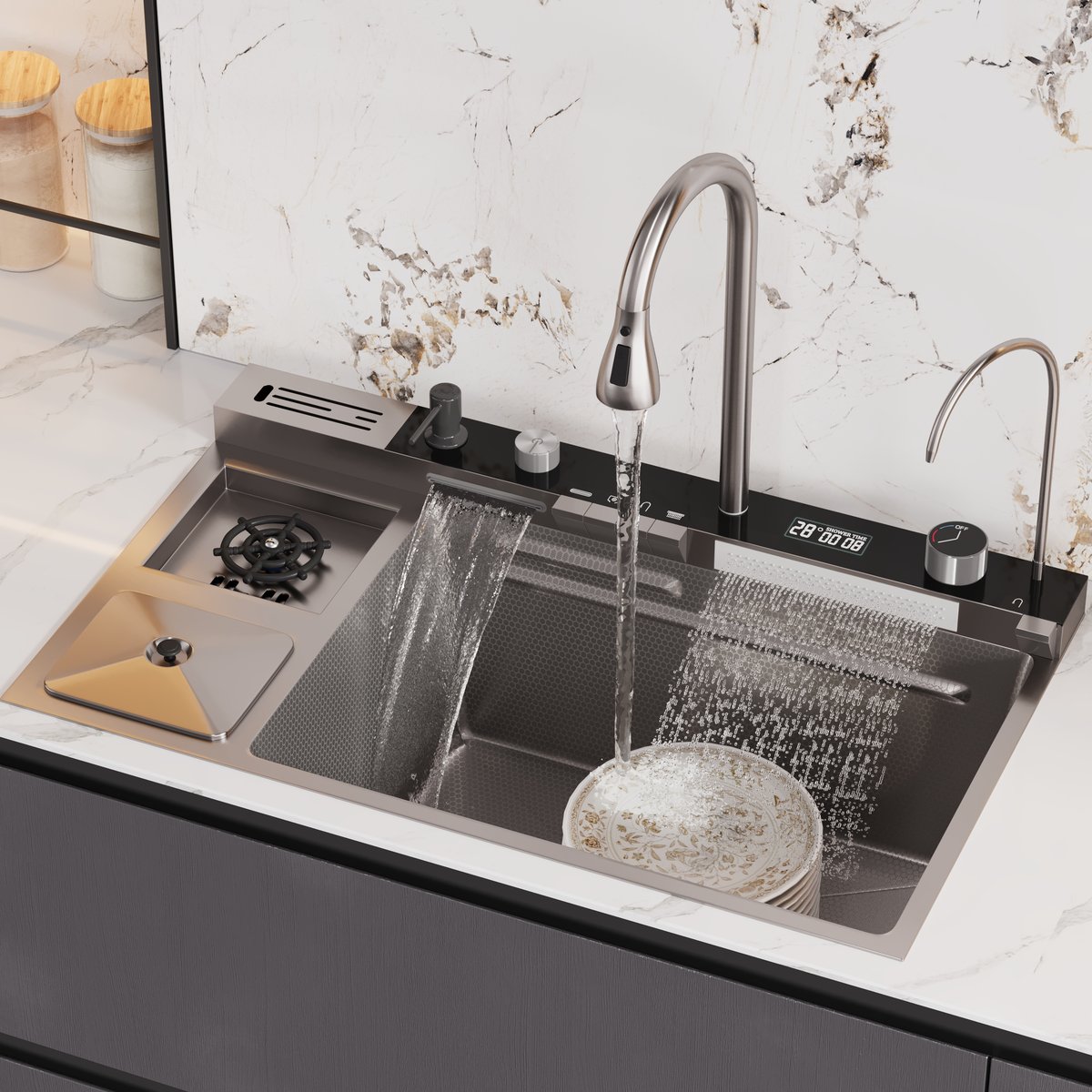 Évier de cuisine encastré noir de 820 mm avec robinet à cuve unique en acier inoxydable image de fenêtre