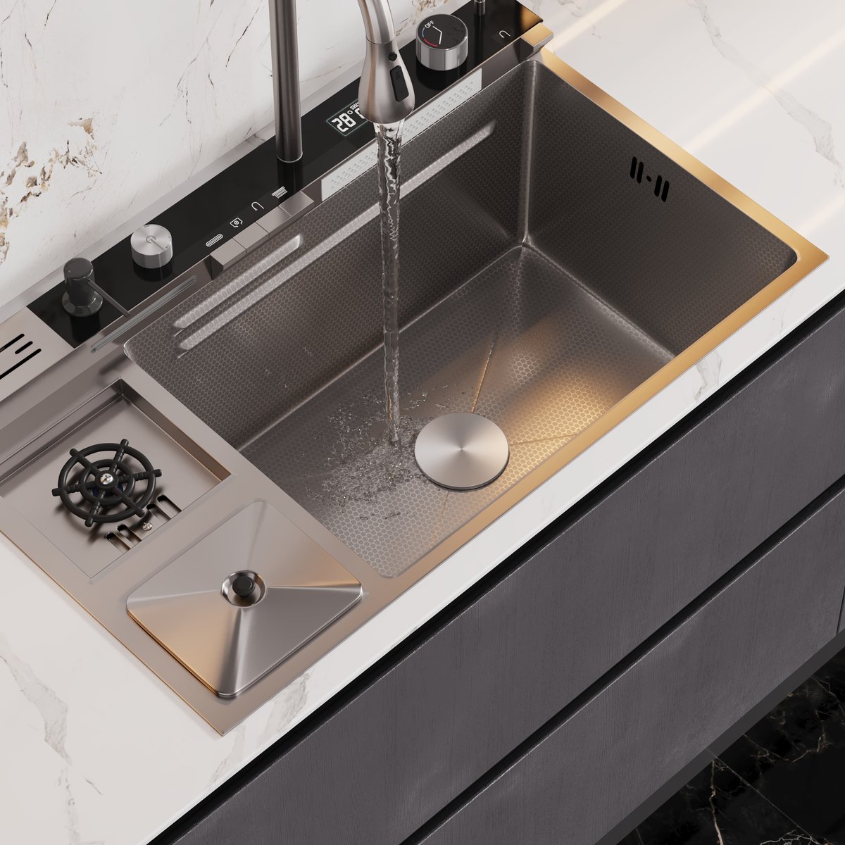 Évier de cuisine encastré noir de 820 mm avec robinet à cuve unique en acier inoxydable image de fenêtre
