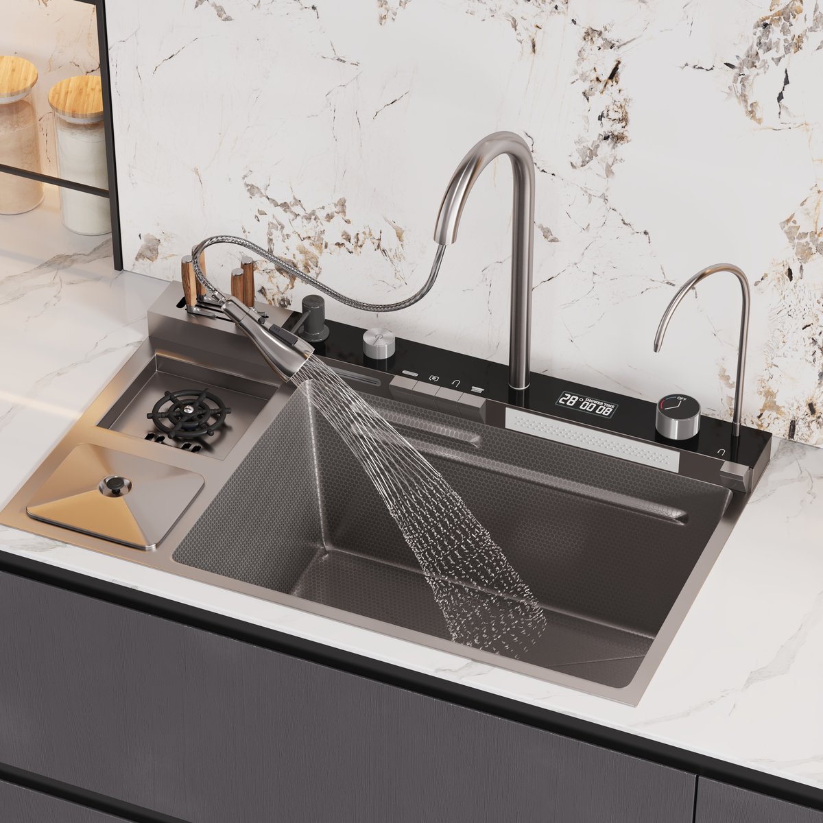 Évier de cuisine encastré noir de 820 mm avec robinet à cuve unique en acier inoxydable image de fenêtre