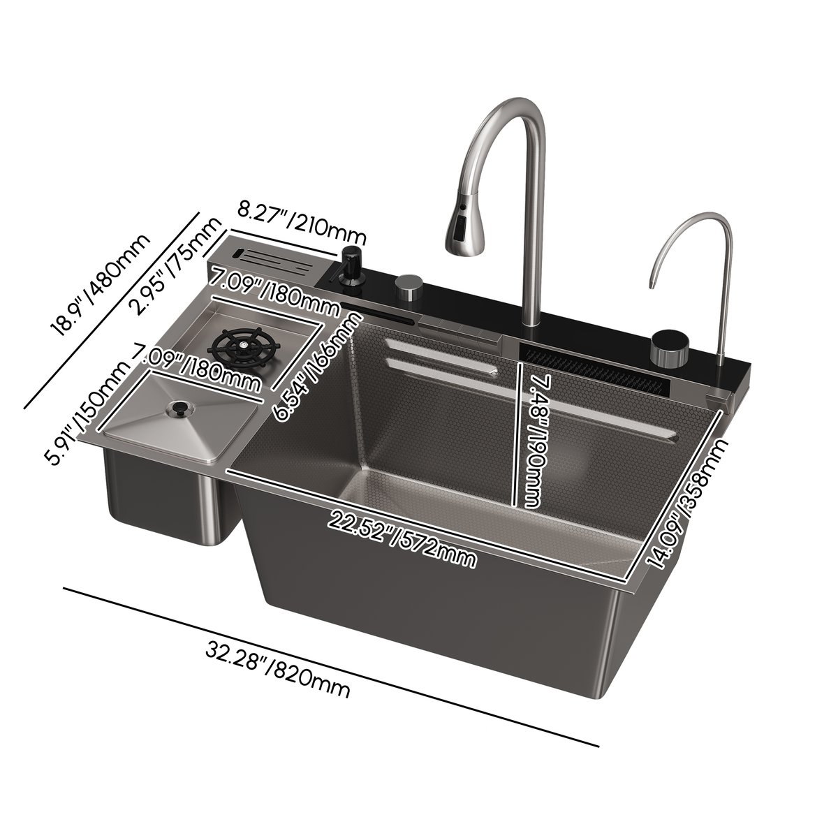 Évier de cuisine encastré noir de 820 mm avec robinet à cuve unique en acier inoxydable Poids, dimensions, image