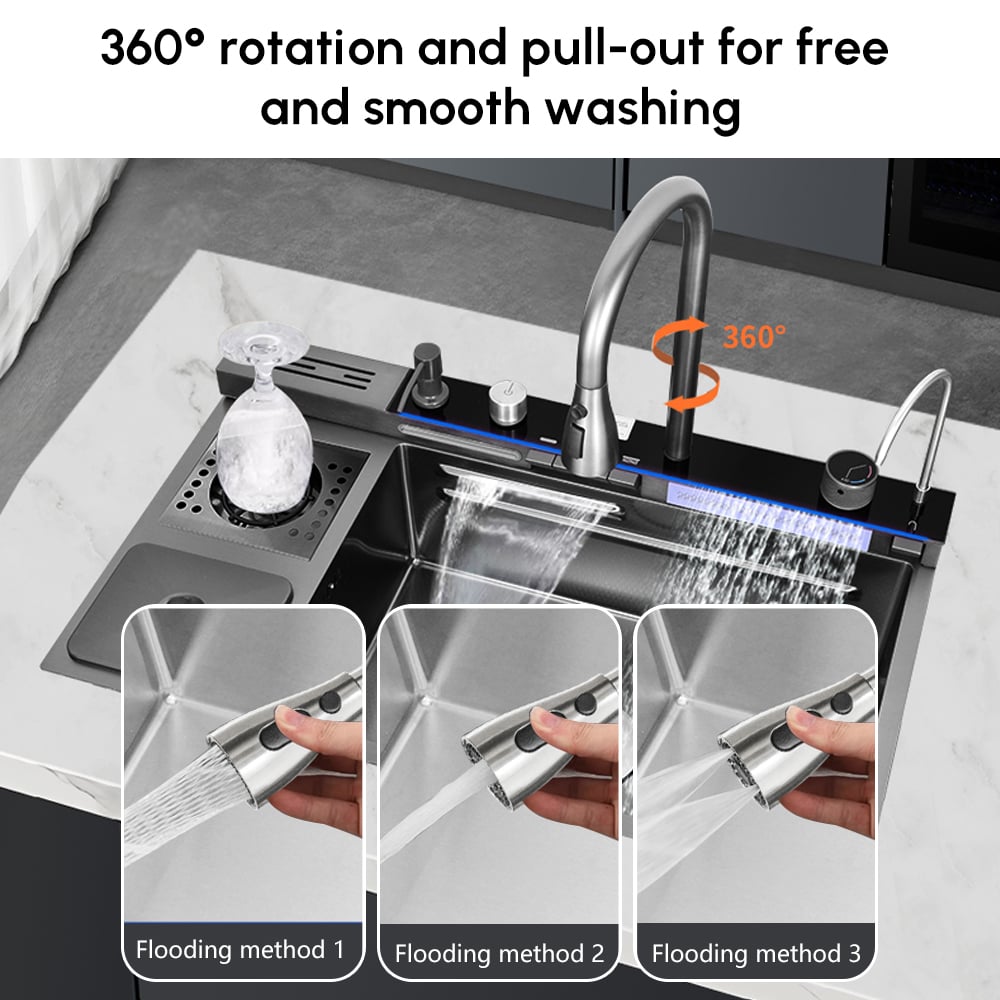 Évier de cuisine encastré noir de 820 mm avec robinet à cuve unique en acier inoxydable image de fenêtre