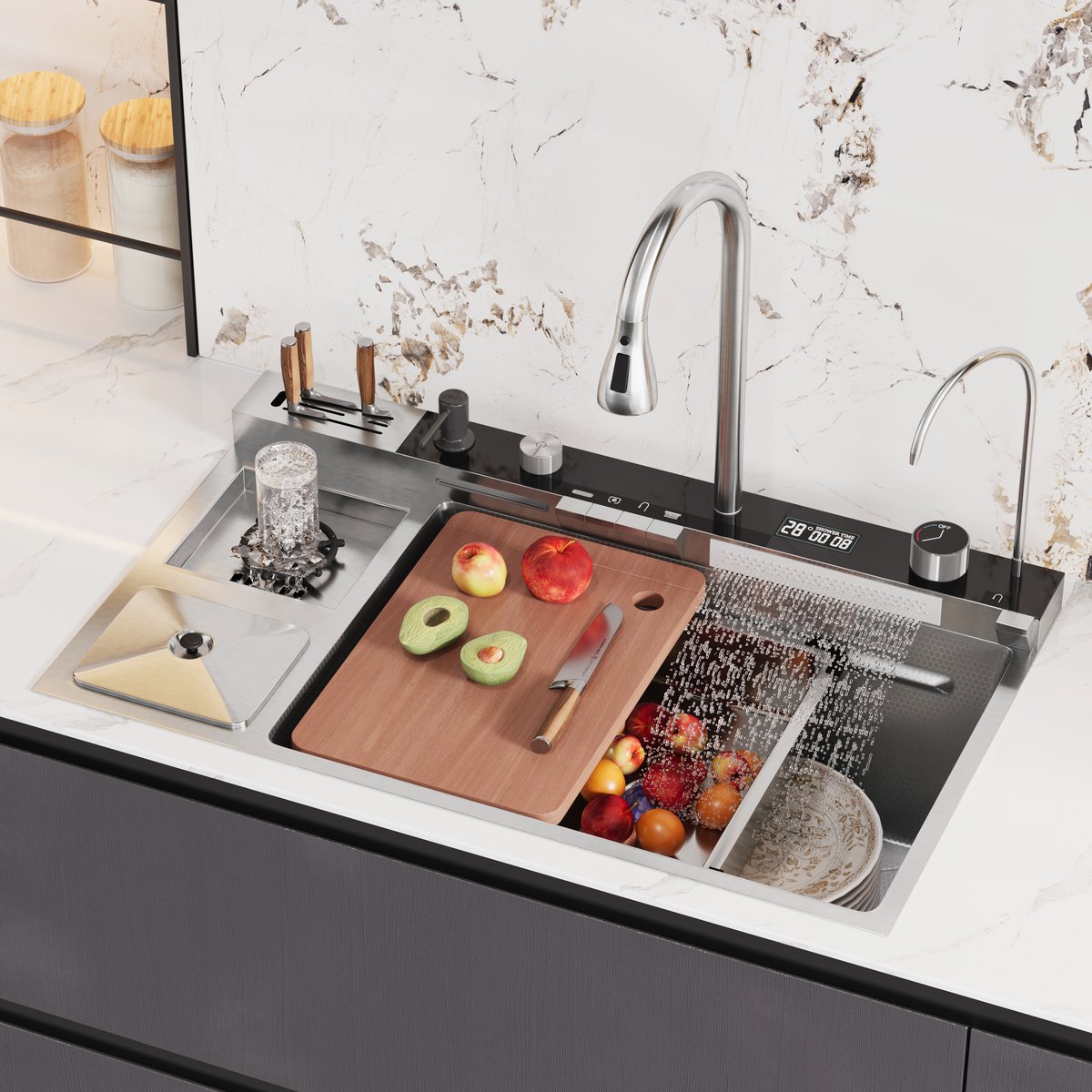 Évier de cuisine multifonction en acier inoxydable 820 mm x 480 mm avec robinet extractible image de fenêtre