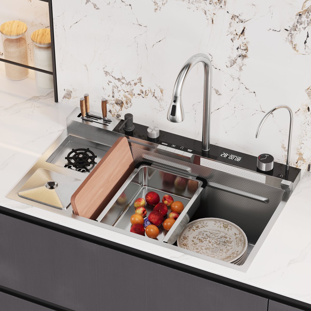 Évier de cuisine multifonction en acier inoxydable 820 mm x 480 mm avec robinet extractible image de fenêtre