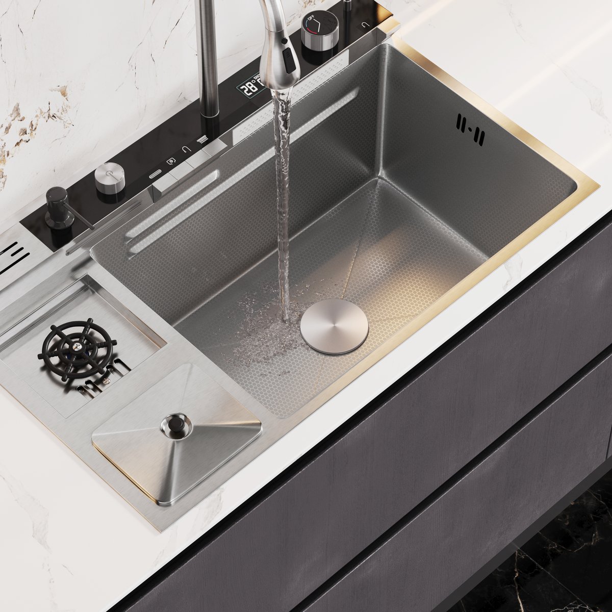 Évier de cuisine multifonction en acier inoxydable 820 mm x 480 mm avec robinet extractible image de fenêtre