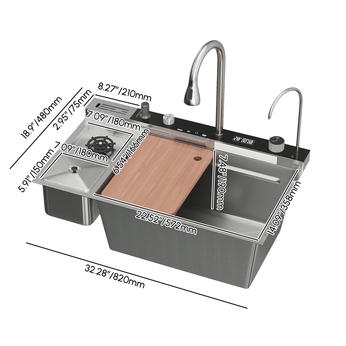 Évier de cuisine multifonction en acier inoxydable 820 mm x 480 mm avec robinet extractible Poids, dimensions, image