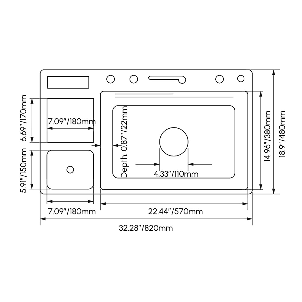 Évier de cuisine multifonction en acier inoxydable 820 mm x 480 mm avec robinet extractible Poids, dimensions, image