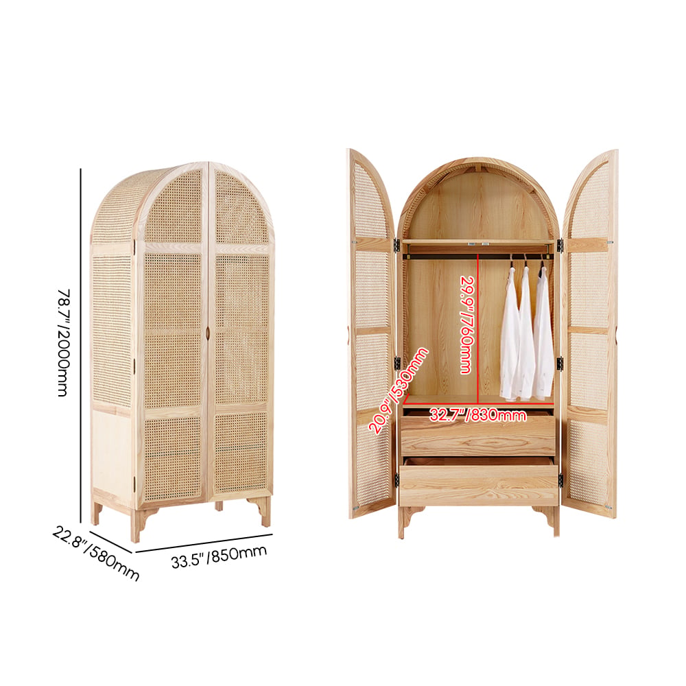 Armoire de chambre à coucher en rotin tissé naturel avec armoire à 2 portes et tiroirs cachés Poids, dimensions, image