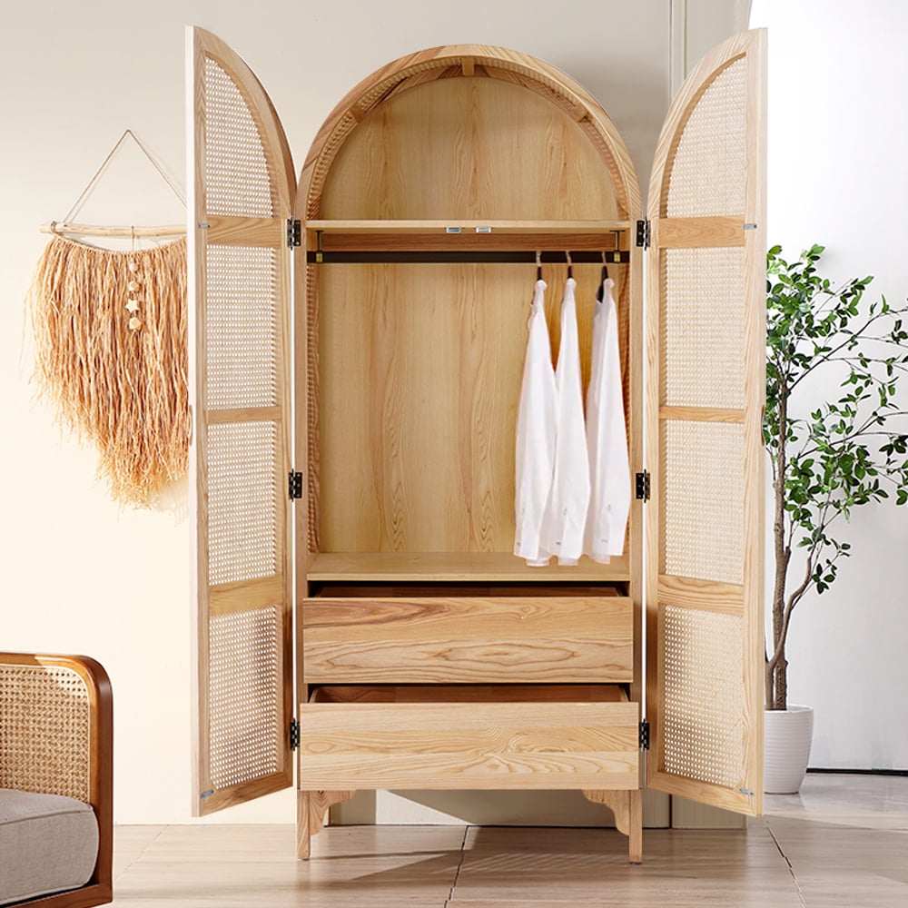 Armoire de chambre à coucher en rotin tissé naturel avec armoire à 2 portes et tiroirs cachés image de fenêtre