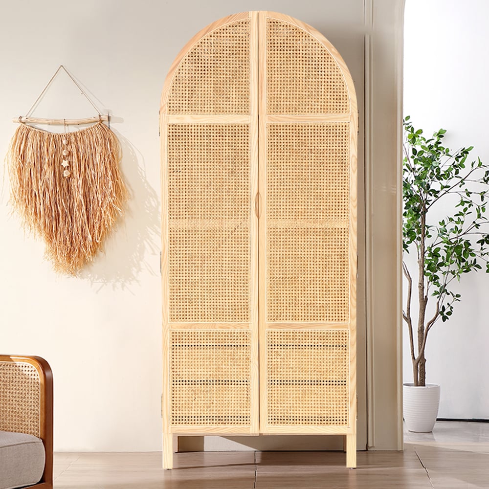 Armoire de chambre à coucher en rotin tissé naturel avec armoire à 2 portes et tiroirs cachés image de fenêtre