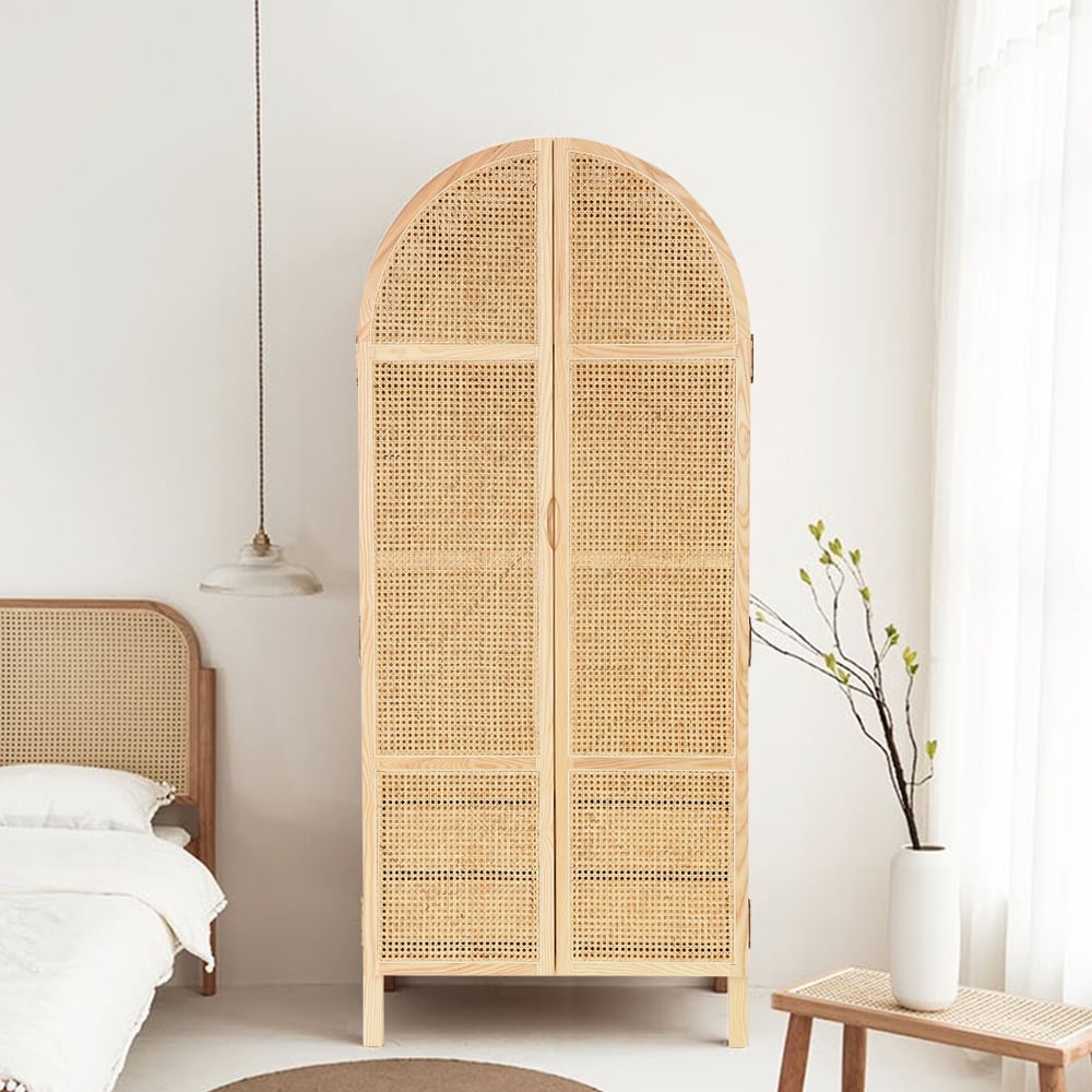 Armoire de chambre à coucher en rotin tissé naturel avec armoire à 2 portes et tiroirs cachés image de fenêtre