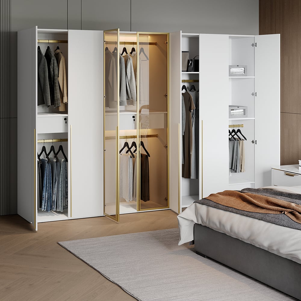 Armoire Blanc et Doré Large Moderne Porte en Verre Transparent Capteur de Lumière image de fenêtre