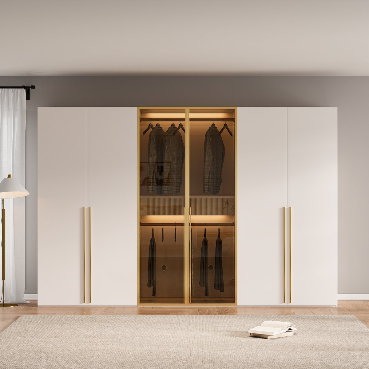 Armoire à 6 portes minimaliste et luxueuse avec présentoir en verre et éclairage image de fenêtre