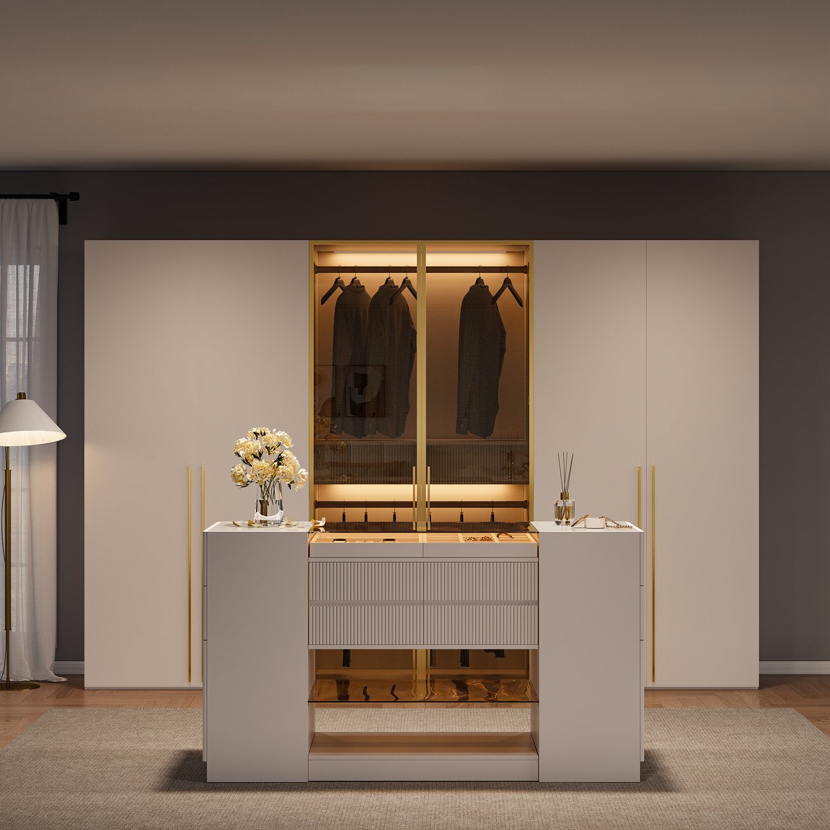 Armoire à 6 portes minimaliste et luxueuse avec présentoir en verre et éclairage image de fenêtre