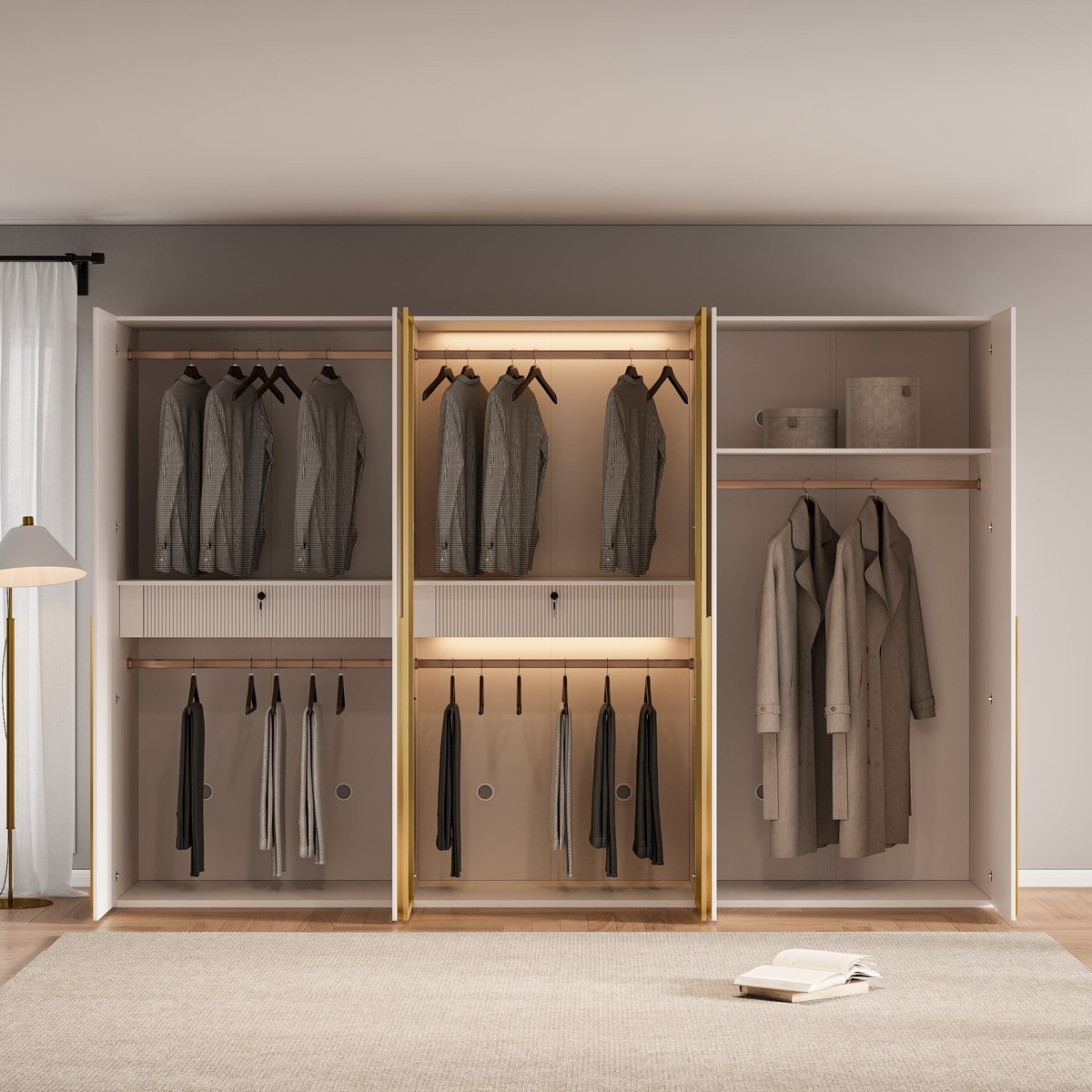 Armoire à 6 portes minimaliste et luxueuse avec présentoir en verre et éclairage image de fenêtre