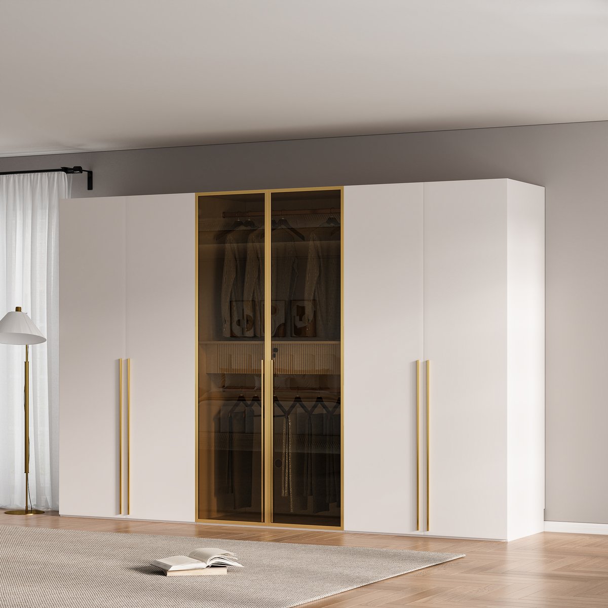 Armoire à 6 portes minimaliste et luxueuse avec présentoir en verre et éclairage image de fenêtre