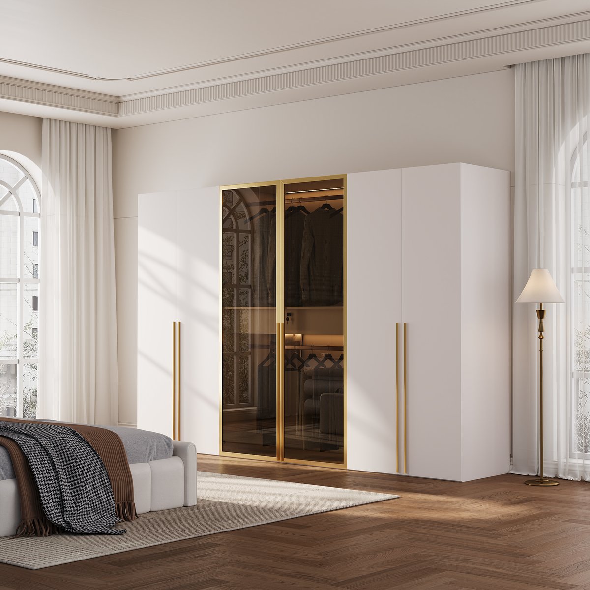 Armoire à 6 portes minimaliste et luxueuse avec présentoir en verre et éclairage image de fenêtre