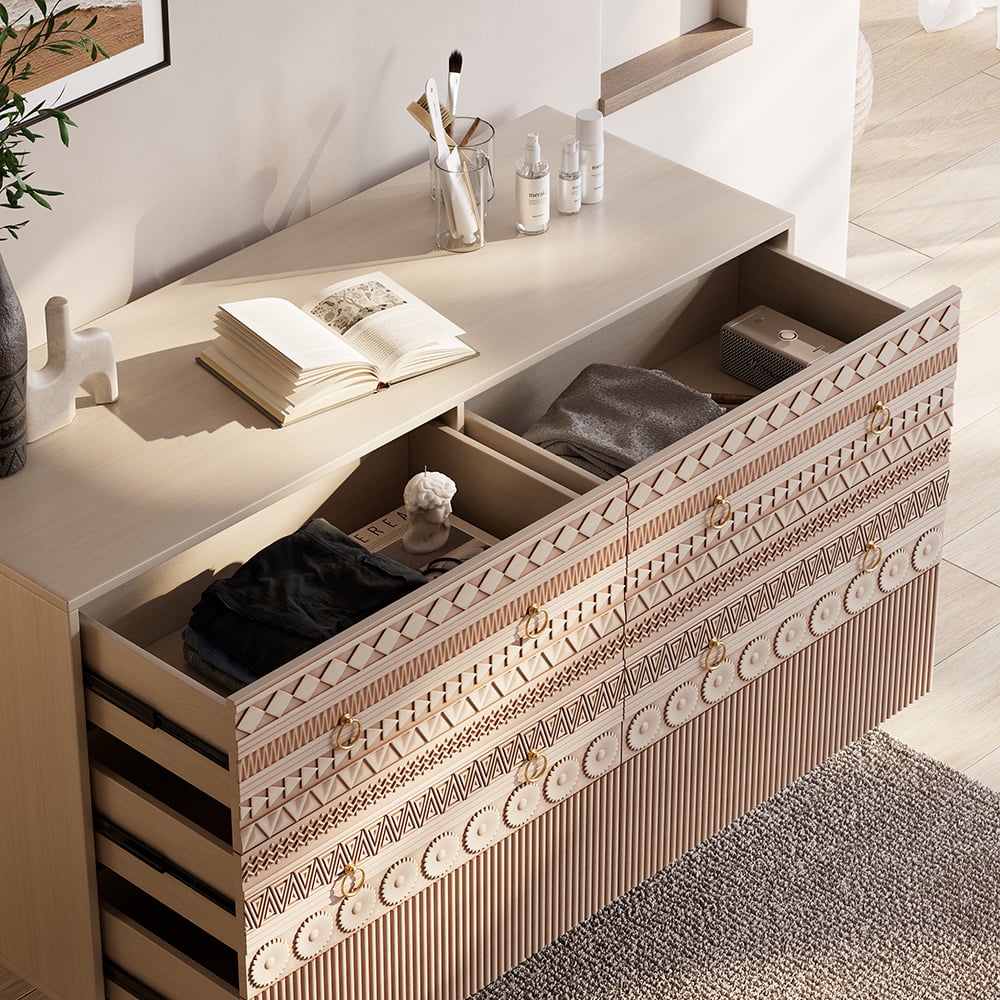1200mm Commode Boho Armoire de Rangement à 6 Tiroirs image de fenêtre
