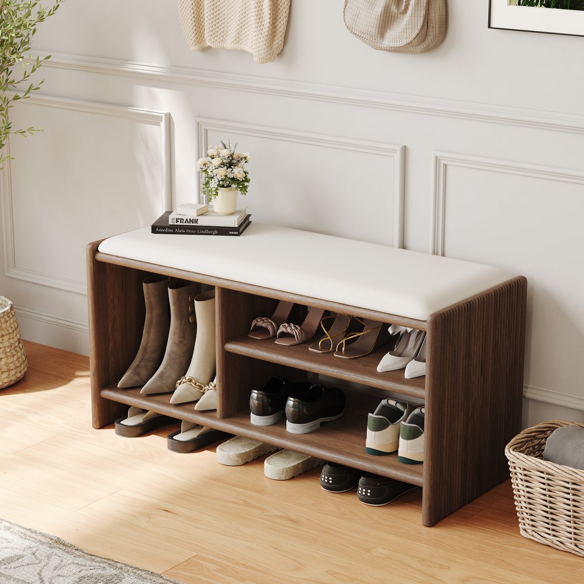 Banc d'entrée de rangement pour chaussures en bois, 1010 mm, rembourré en cuir image de fenêtre