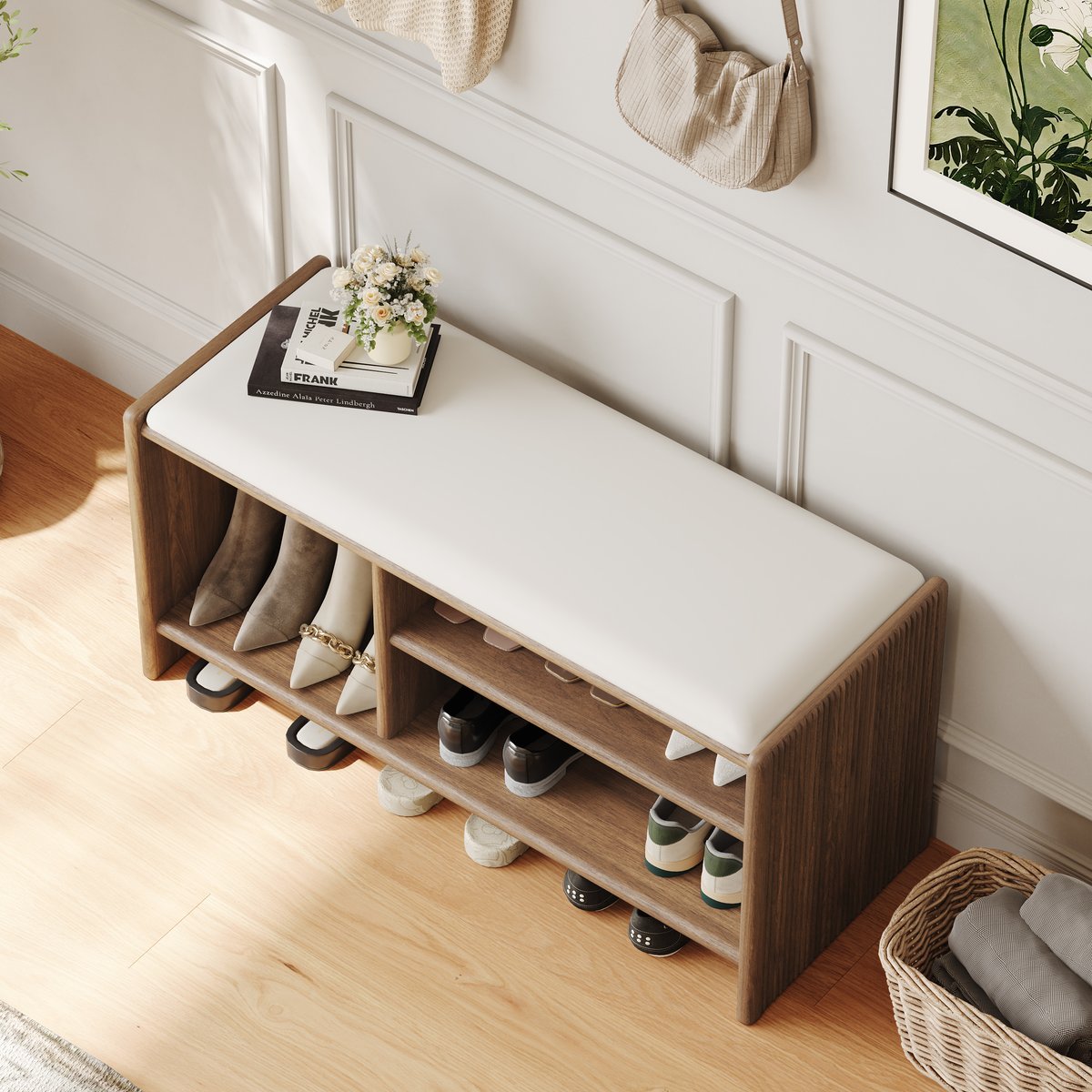 Banc d'entrée de rangement pour chaussures en bois, 1010 mm, rembourré en cuir image de fenêtre