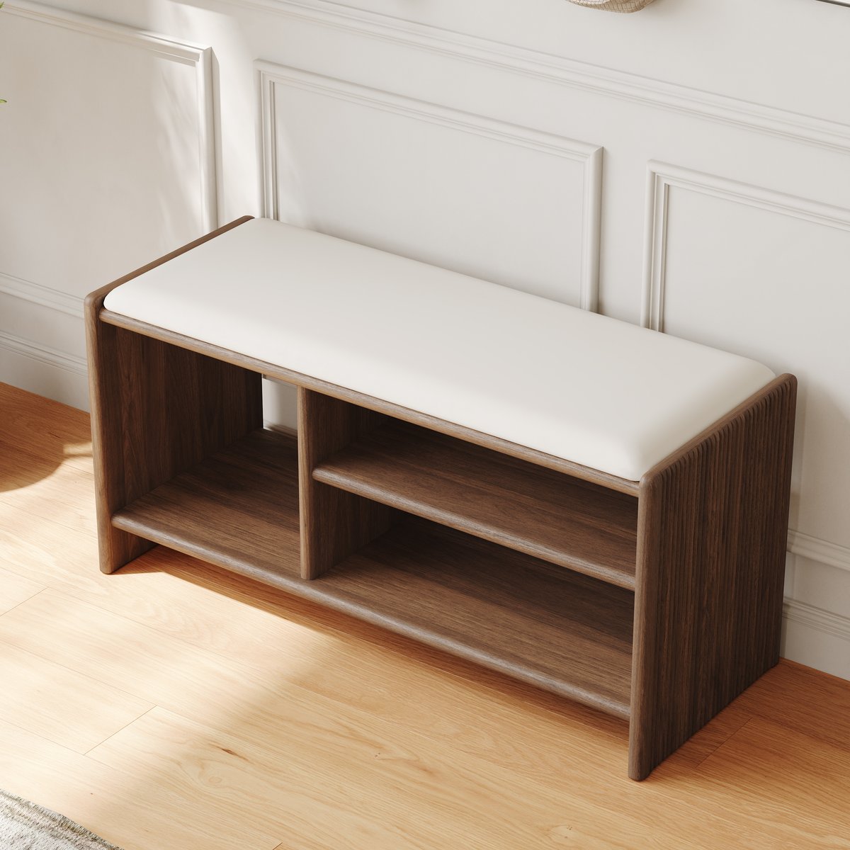 Banc d'entrée de rangement pour chaussures en bois, 1010 mm, rembourré en cuir image de fenêtre