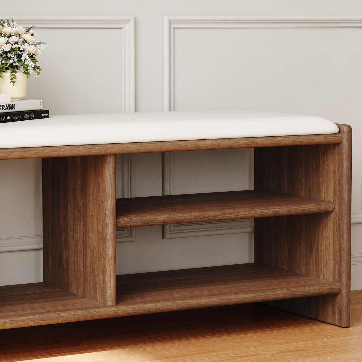 Banc d'entrée de rangement pour chaussures en bois, 1010 mm, rembourré en cuir image de fenêtre