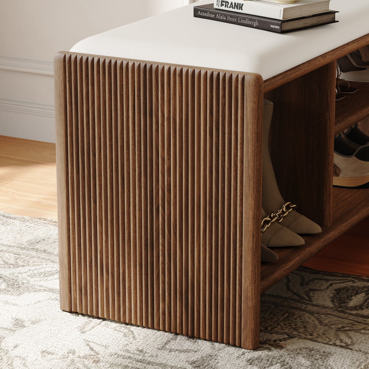 Banc d'entrée de rangement pour chaussures en bois, 1010 mm, rembourré en cuir image de fenêtre