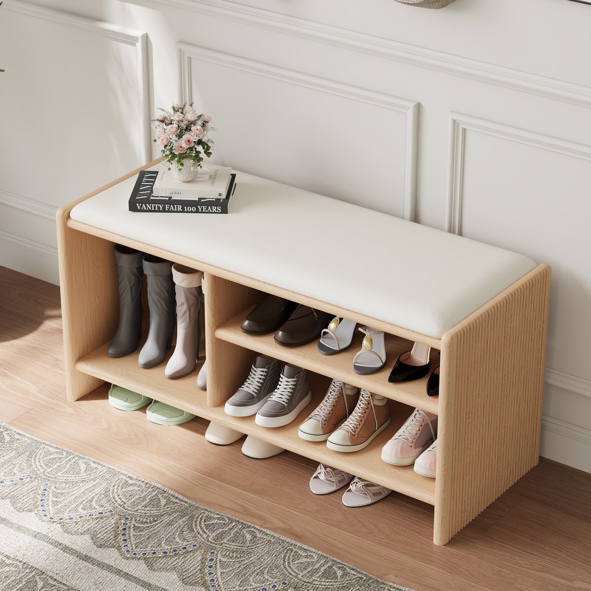 Banc d'entrée de rangement pour chaussures en bois, 1010 mm, rembourré en cuir image de fenêtre