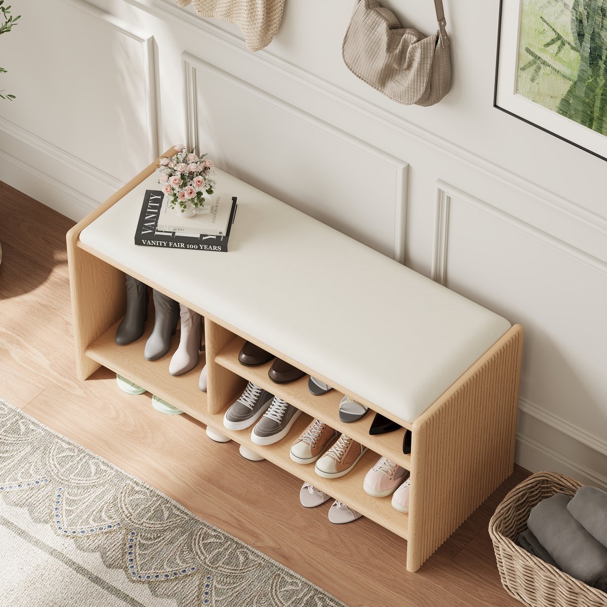 Banc d'entrée de rangement pour chaussures en bois, 1010 mm, rembourré en cuir image de fenêtre