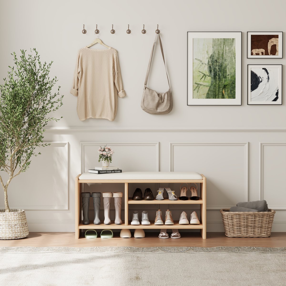 Banc d'entrée de rangement pour chaussures en bois, 1010 mm, rembourré en cuir image de fenêtre