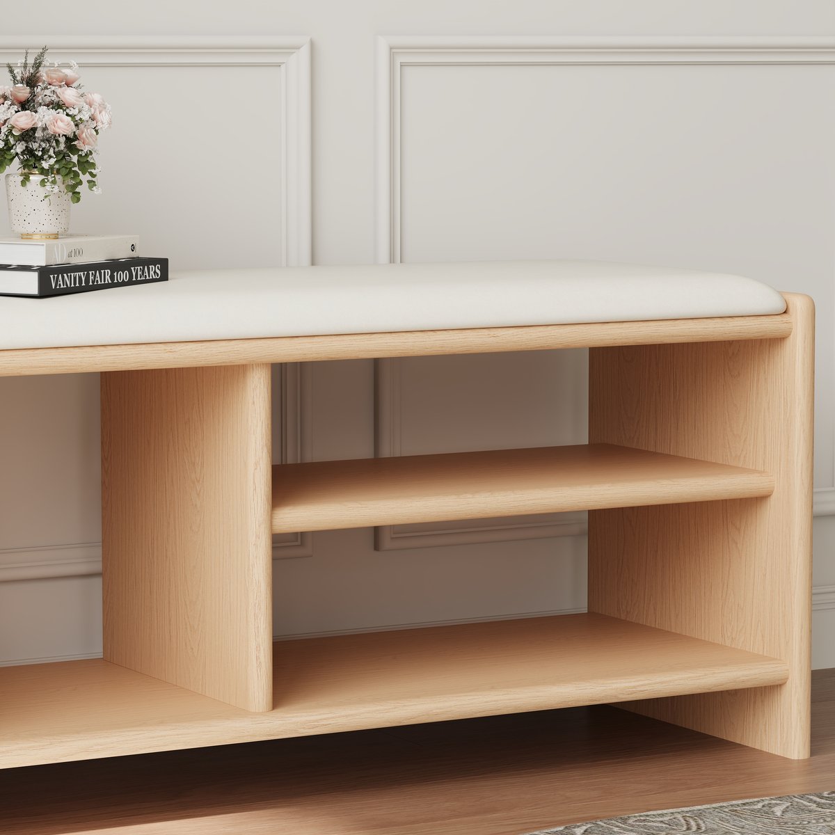 Banc d'entrée de rangement pour chaussures en bois, 1010 mm, rembourré en cuir image de fenêtre