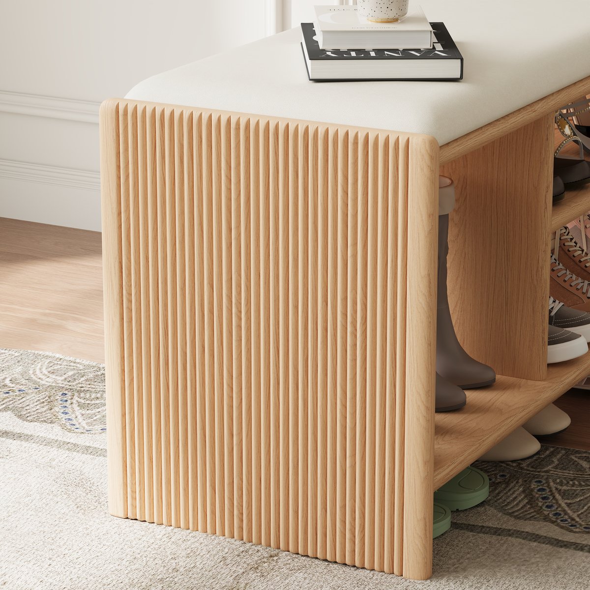Banc d'entrée de rangement pour chaussures en bois, 1010 mm, rembourré en cuir image de fenêtre