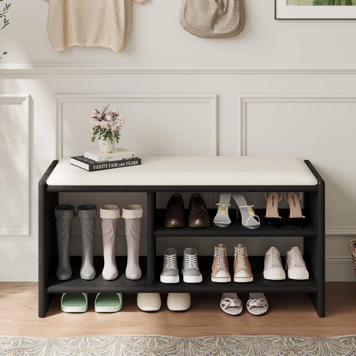 Banc d'entrée de rangement pour chaussures en bois, 1010 mm, rembourré en cuir image de fenêtre