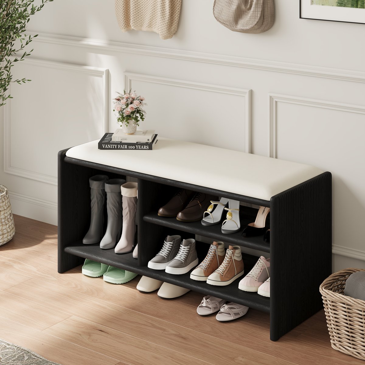 Banc d'entrée de rangement pour chaussures en bois, 1010 mm, rembourré en cuir image de fenêtre