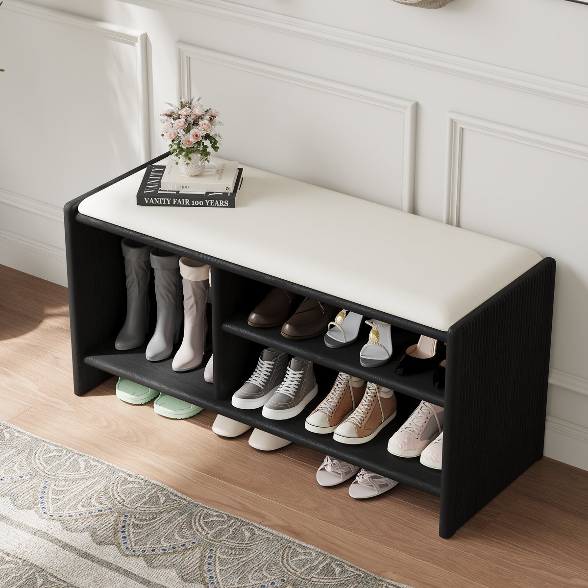 Banc d'entrée de rangement pour chaussures en bois, 1010 mm, rembourré en cuir image de fenêtre