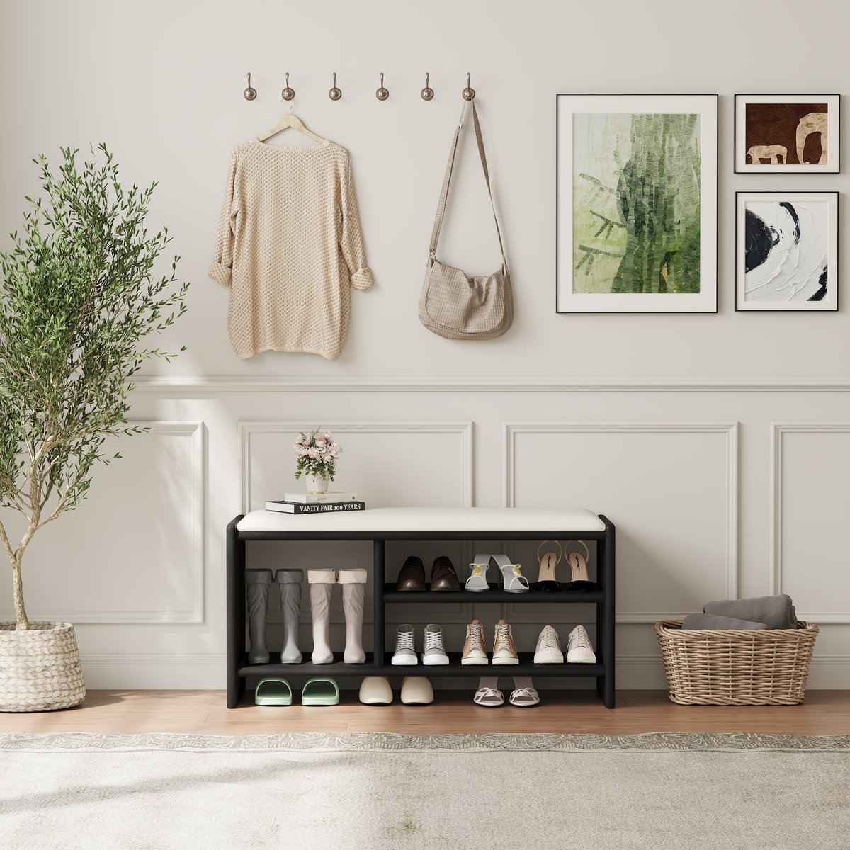 Banc d'entrée de rangement pour chaussures en bois, 1010 mm, rembourré en cuir image de fenêtre