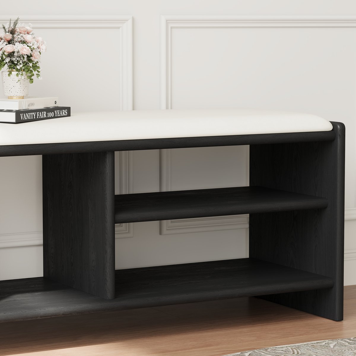 Banc d'entrée de rangement pour chaussures en bois, 1010 mm, rembourré en cuir image de fenêtre