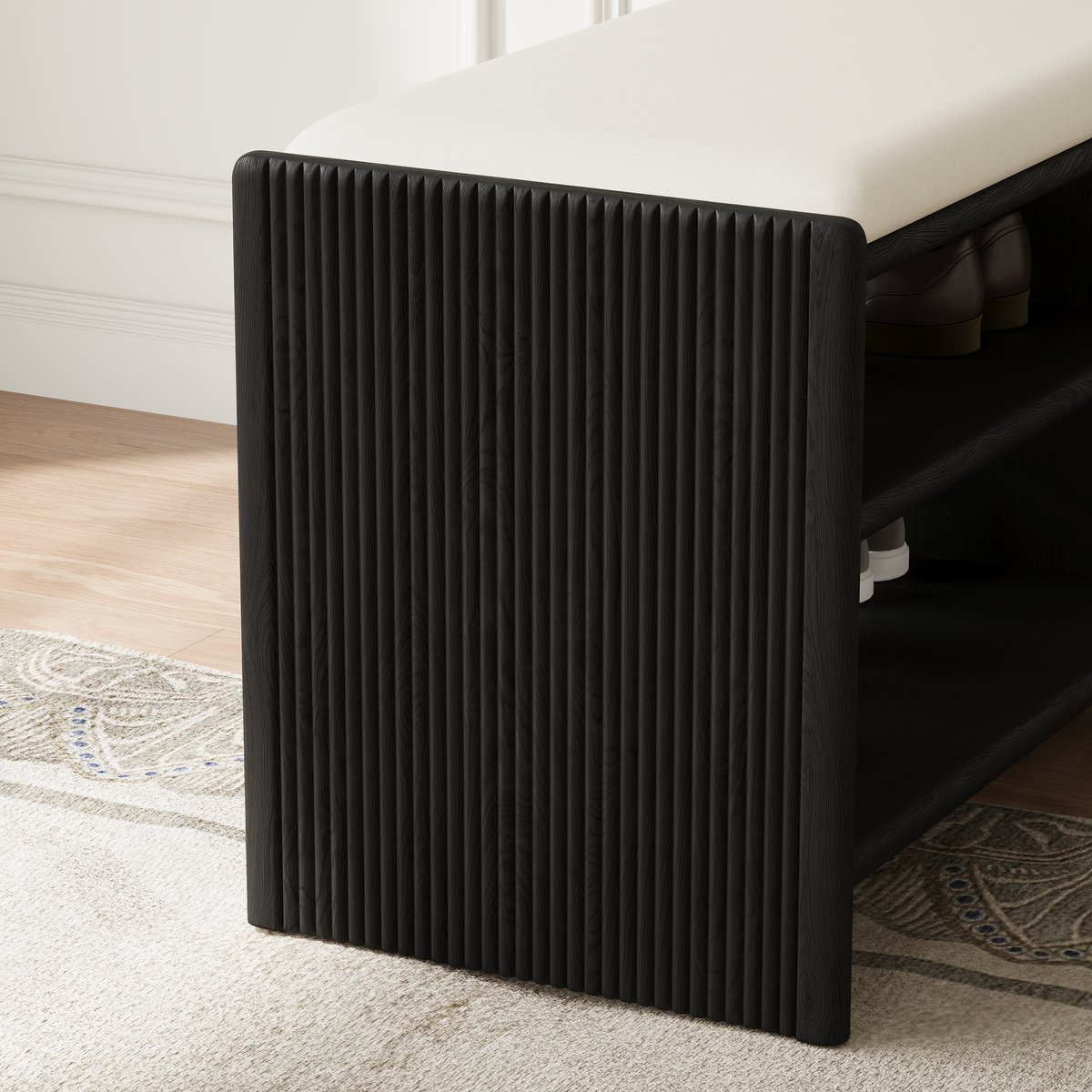 Banc d'entrée de rangement pour chaussures en bois, 1010 mm, rembourré en cuir image de fenêtre
