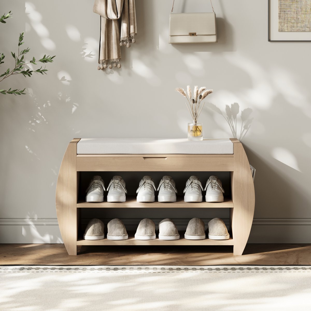 Banc d'entrée de rangement pour chaussures en placage de bois blanchi de 32 pouces avec porte-chaussures image de fenêtre