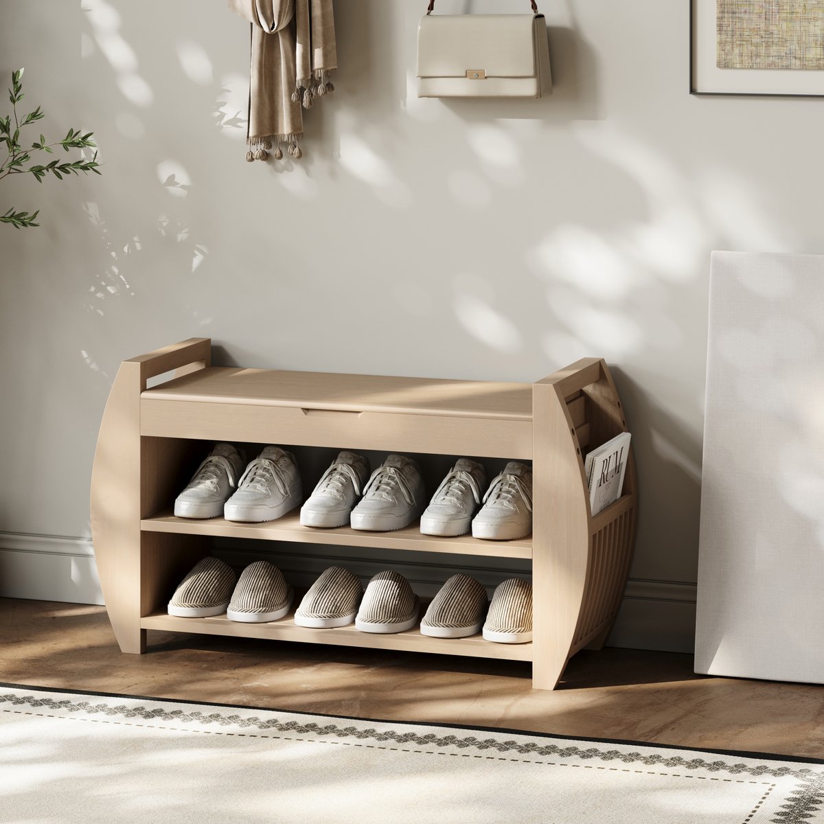 Banc d'entrée de rangement pour chaussures en placage de bois blanchi de 32 pouces avec porte-chaussures image de fenêtre