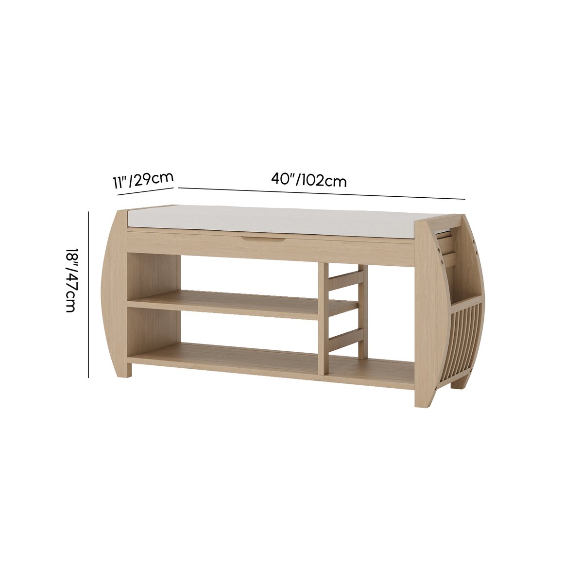 Banc d'entrée de rangement pour chaussures en placage de bois blanchi de 40'' avec étagère à chaussures Poids, dimensions, image