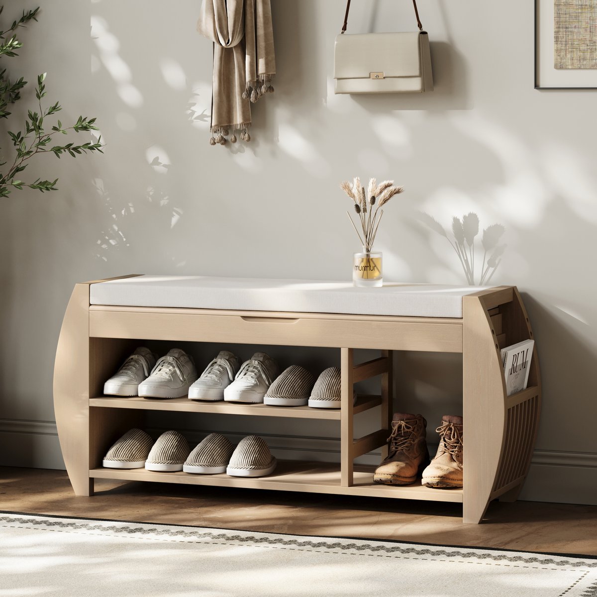 Banc d'entrée de rangement pour chaussures en placage de bois blanchi de 40'' avec étagère à chaussures image de fenêtre