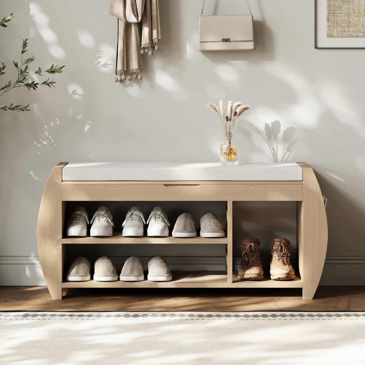 Banc d'entrée de rangement pour chaussures en placage de bois blanchi de 40'' avec étagère à chaussures image de fenêtre