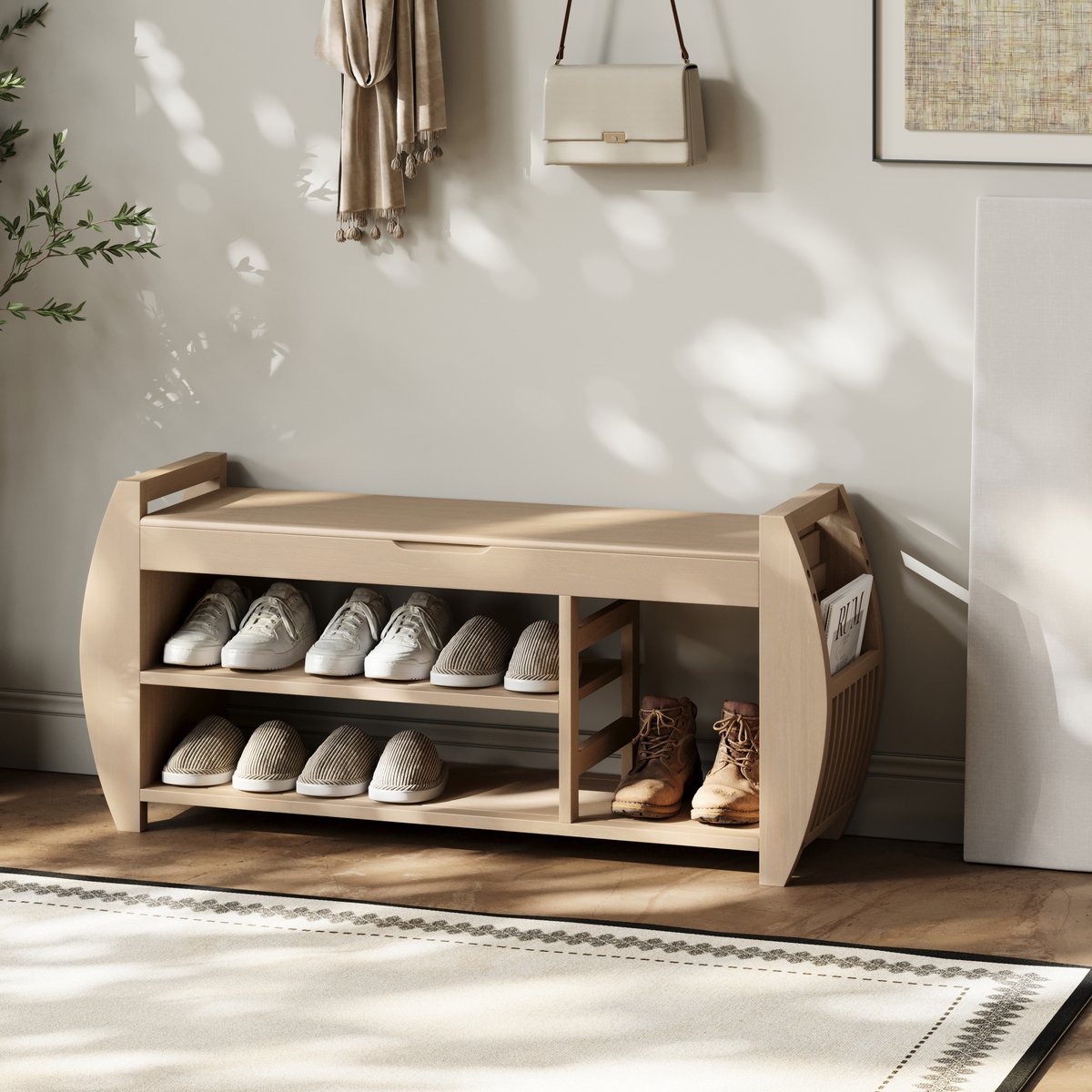 Banc d'entrée de rangement pour chaussures en placage de bois blanchi de 40'' avec étagère à chaussures image de fenêtre